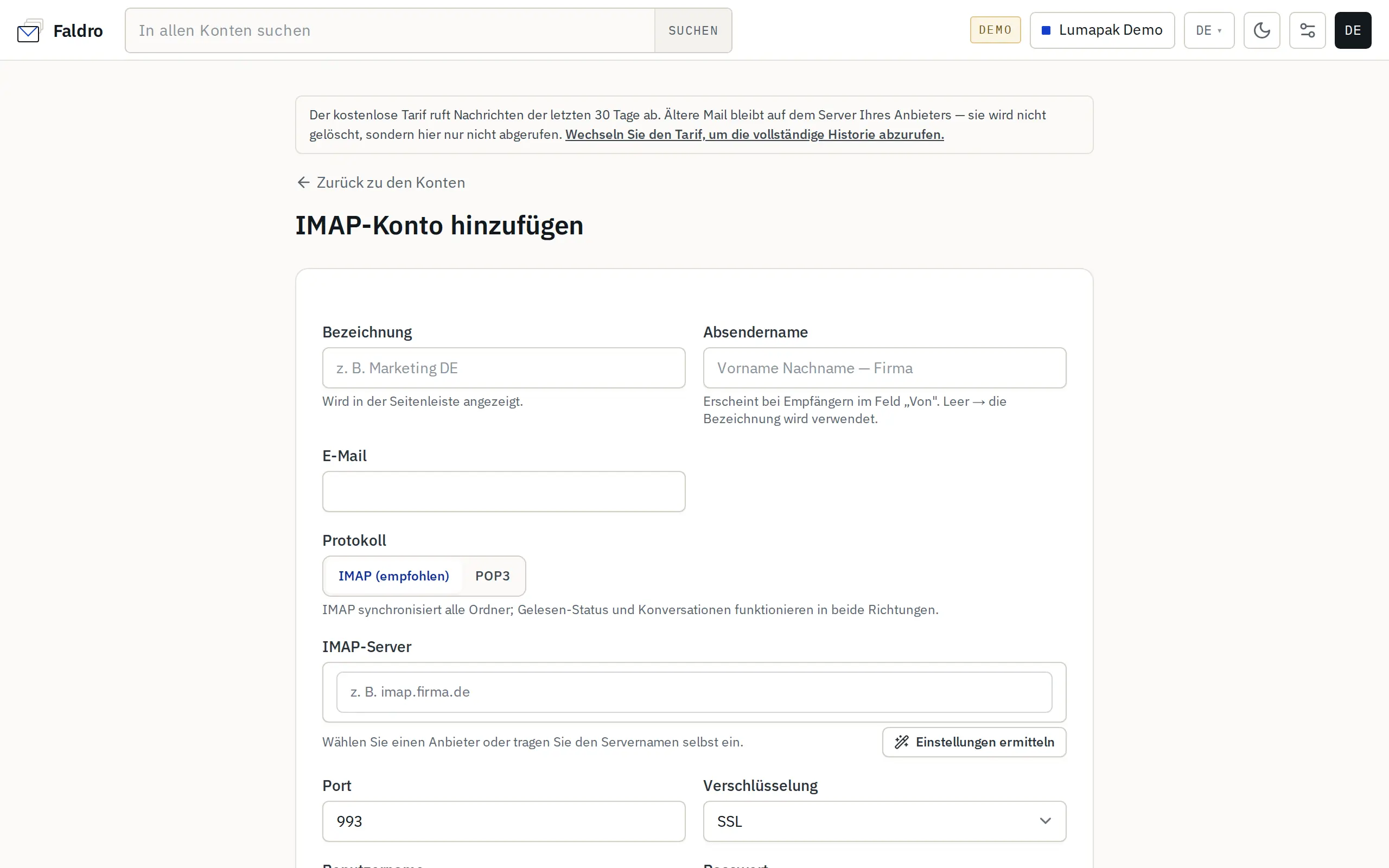 Kontoformular nach der Erkennung der Einstellungen