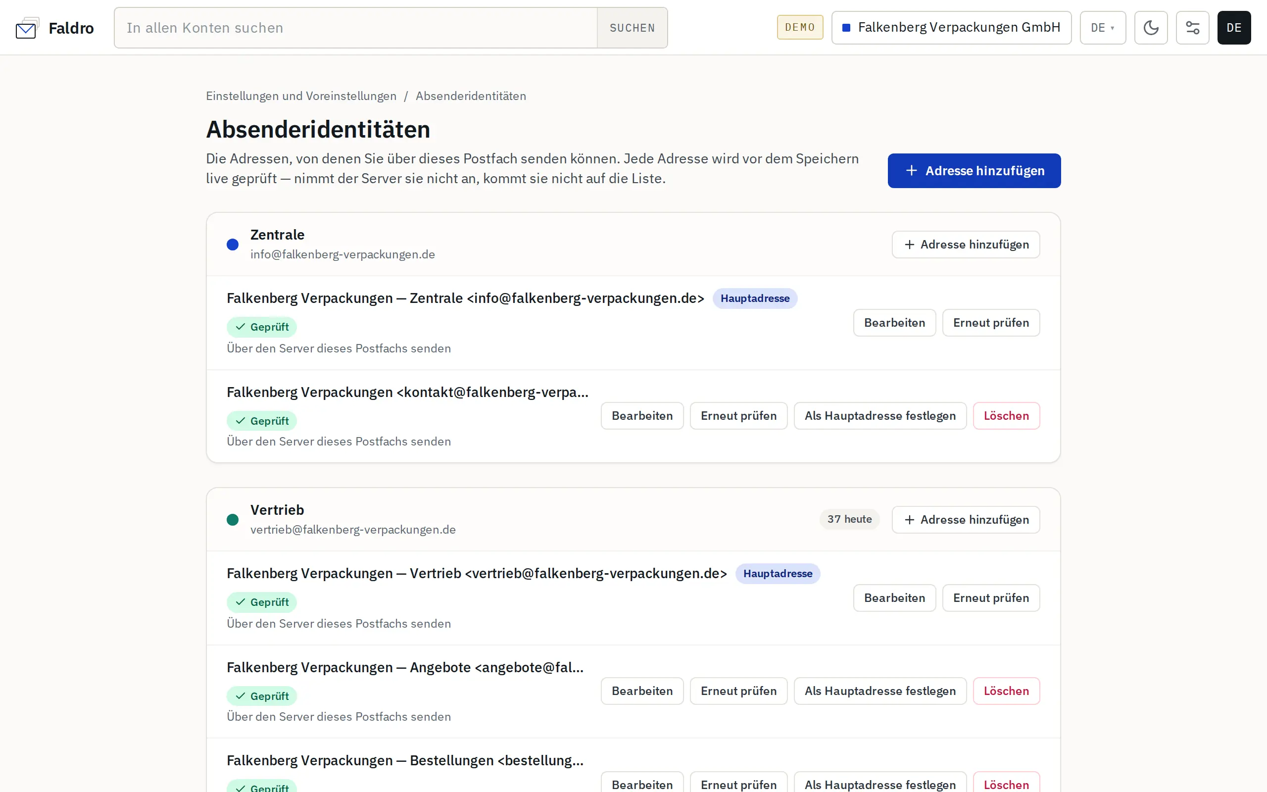Absenderidentit&auml;ten nach Postf&auml;chern gruppiert