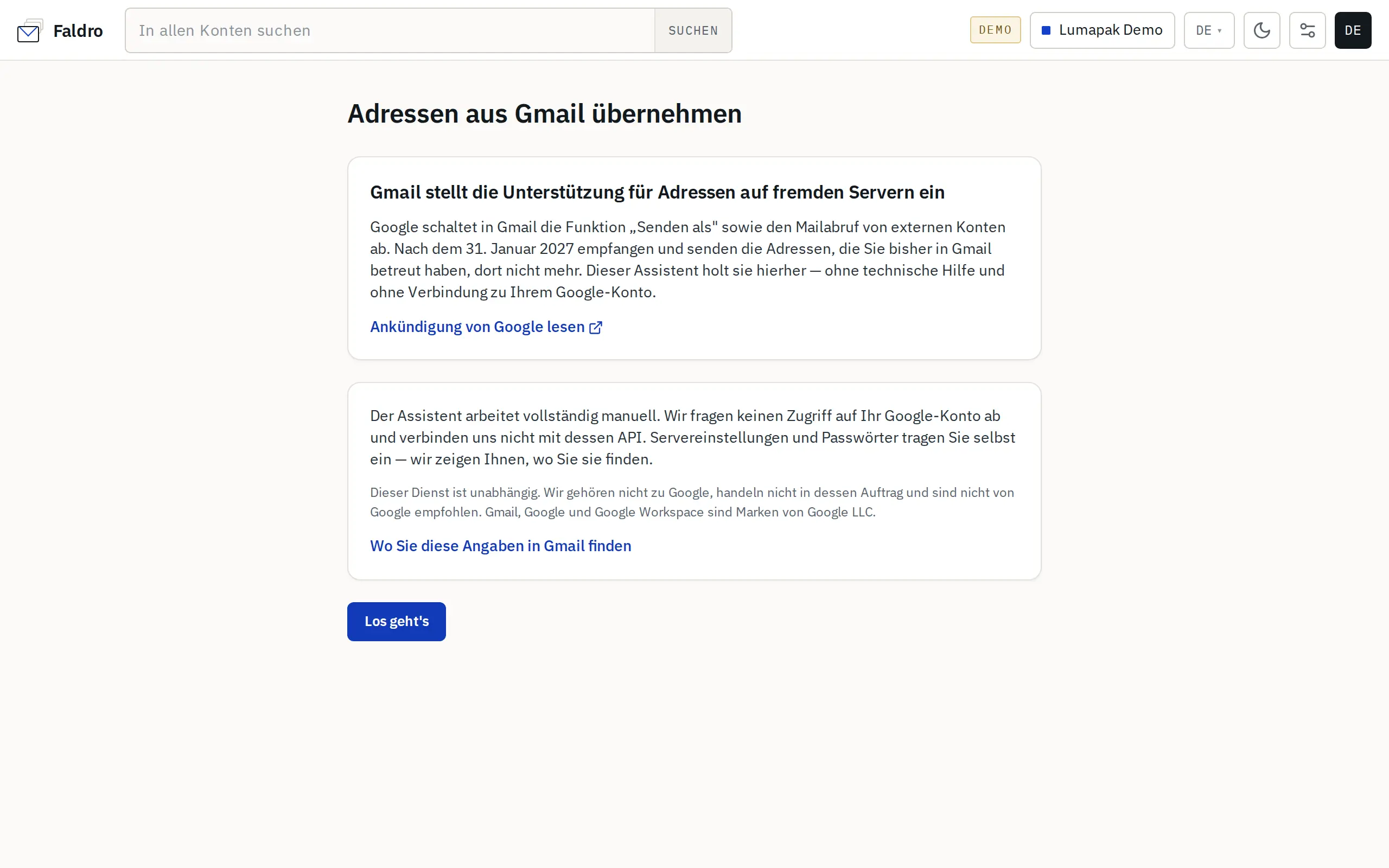 Startbildschirm des Assistenten