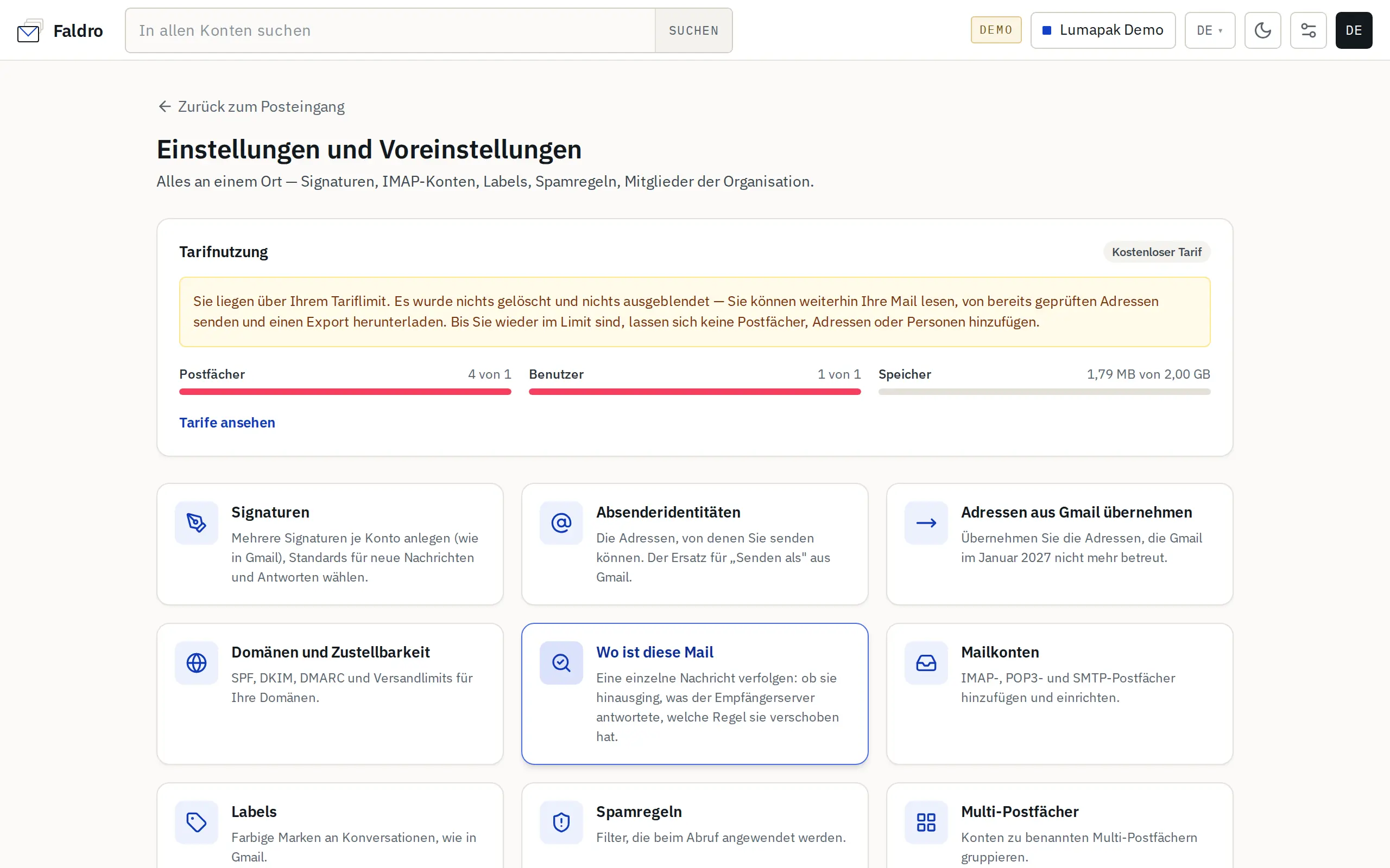 Einstellungen — Kacheln mit Organisationskonfiguration