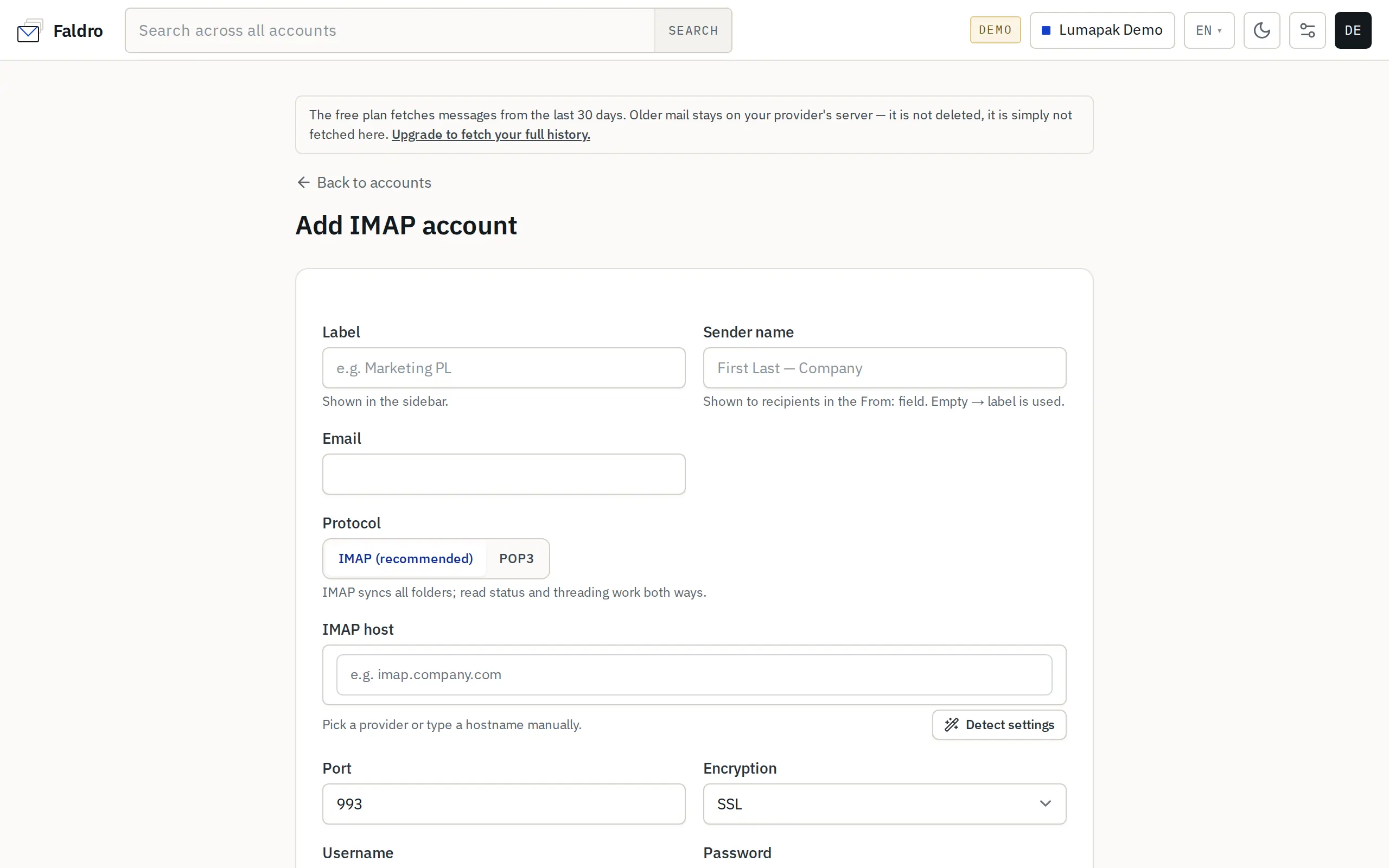 Account form after settings detection