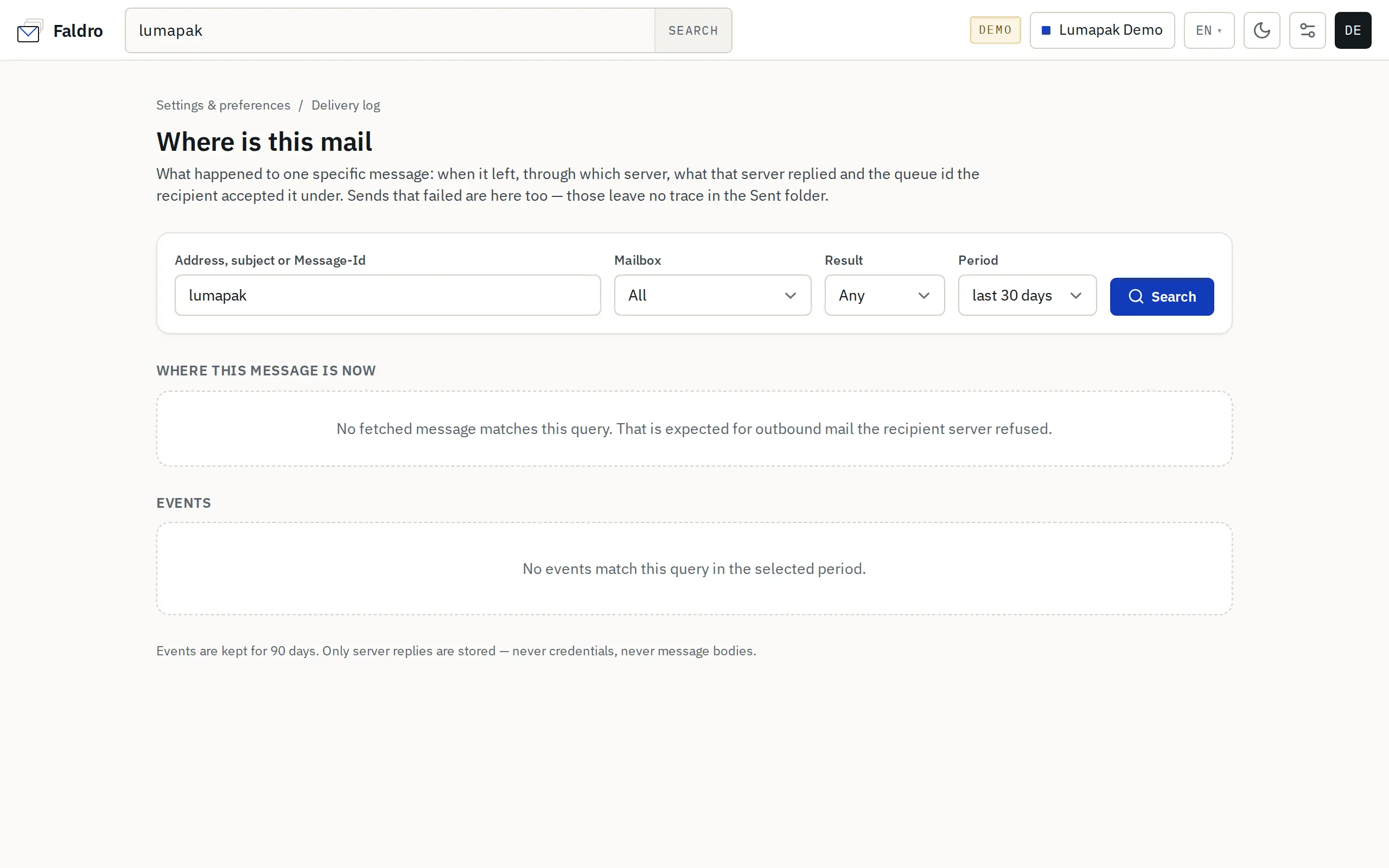 Delivery log with a search result