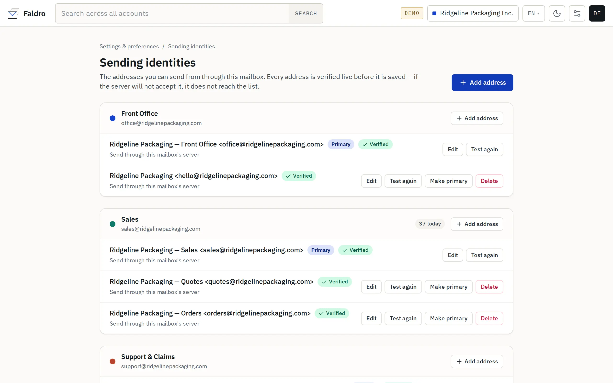 Sending identities grouped by mailbox