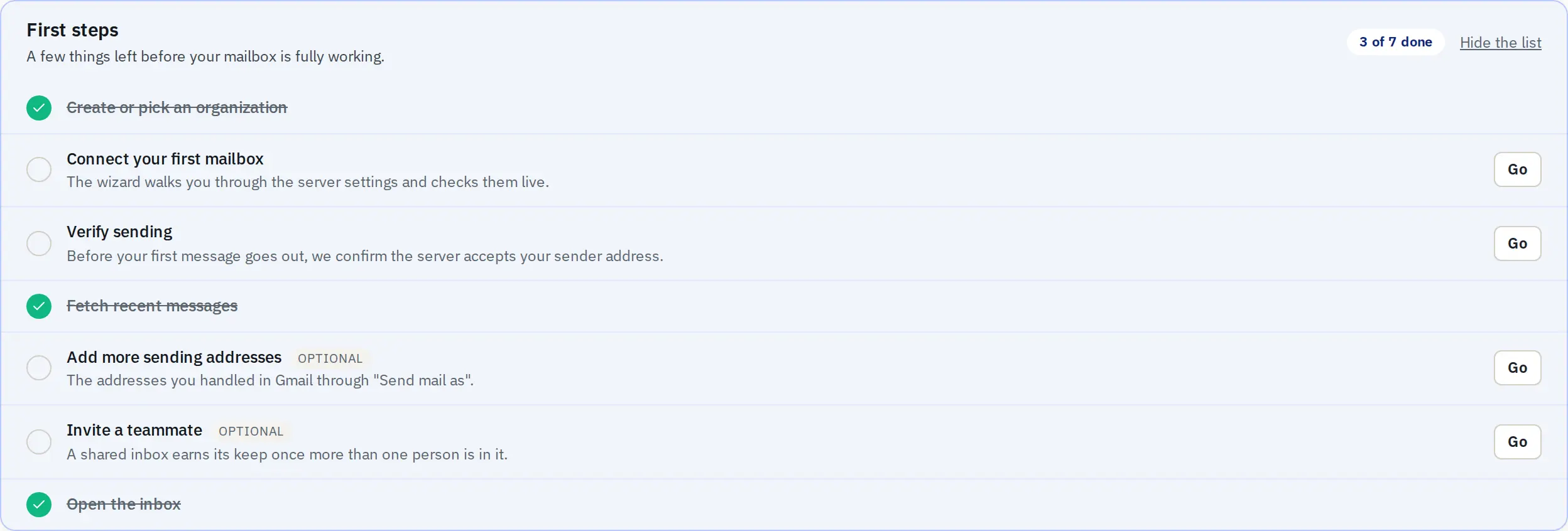 Getting-started list above the inbox
