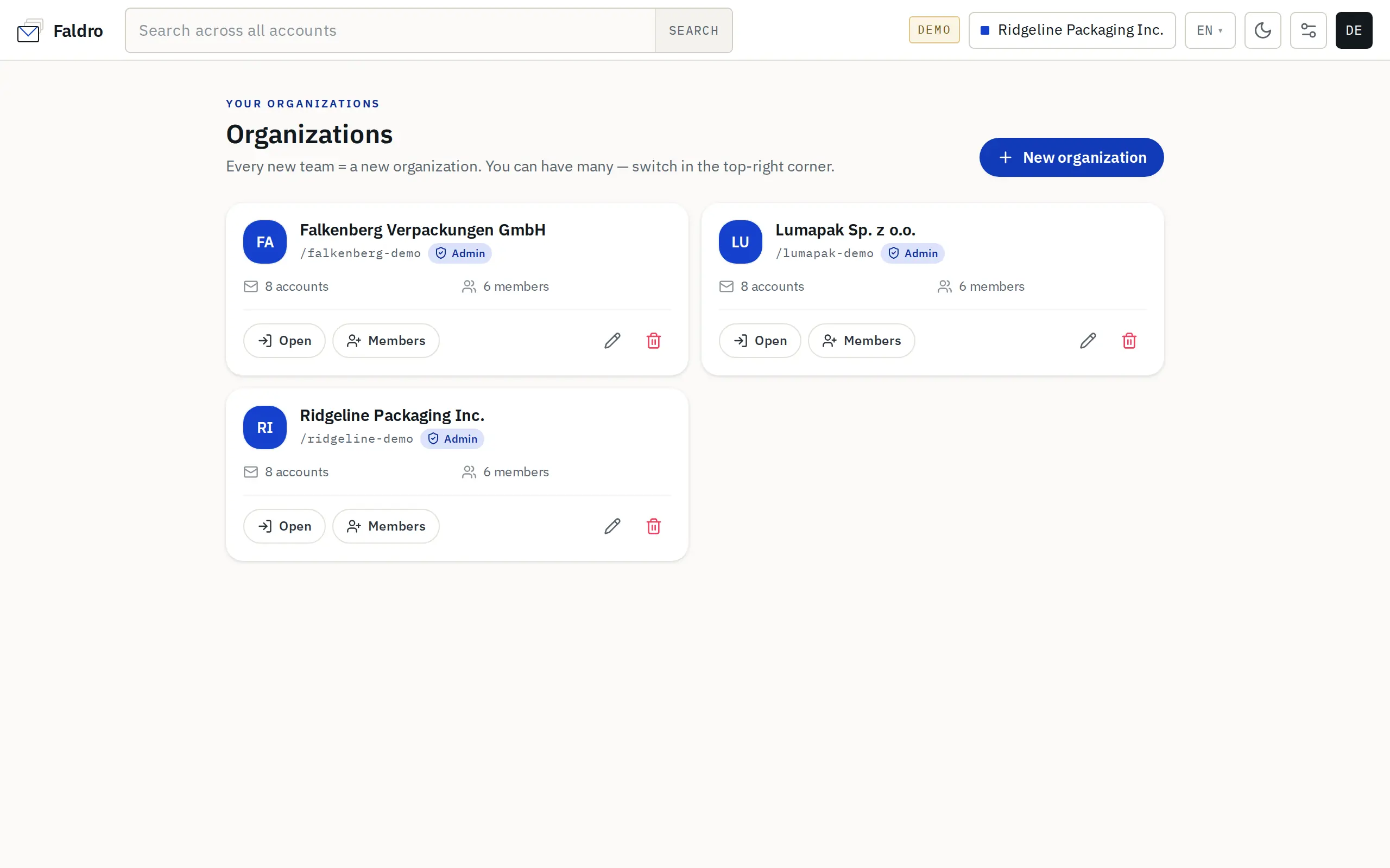 Organisations list with role, account and member counts