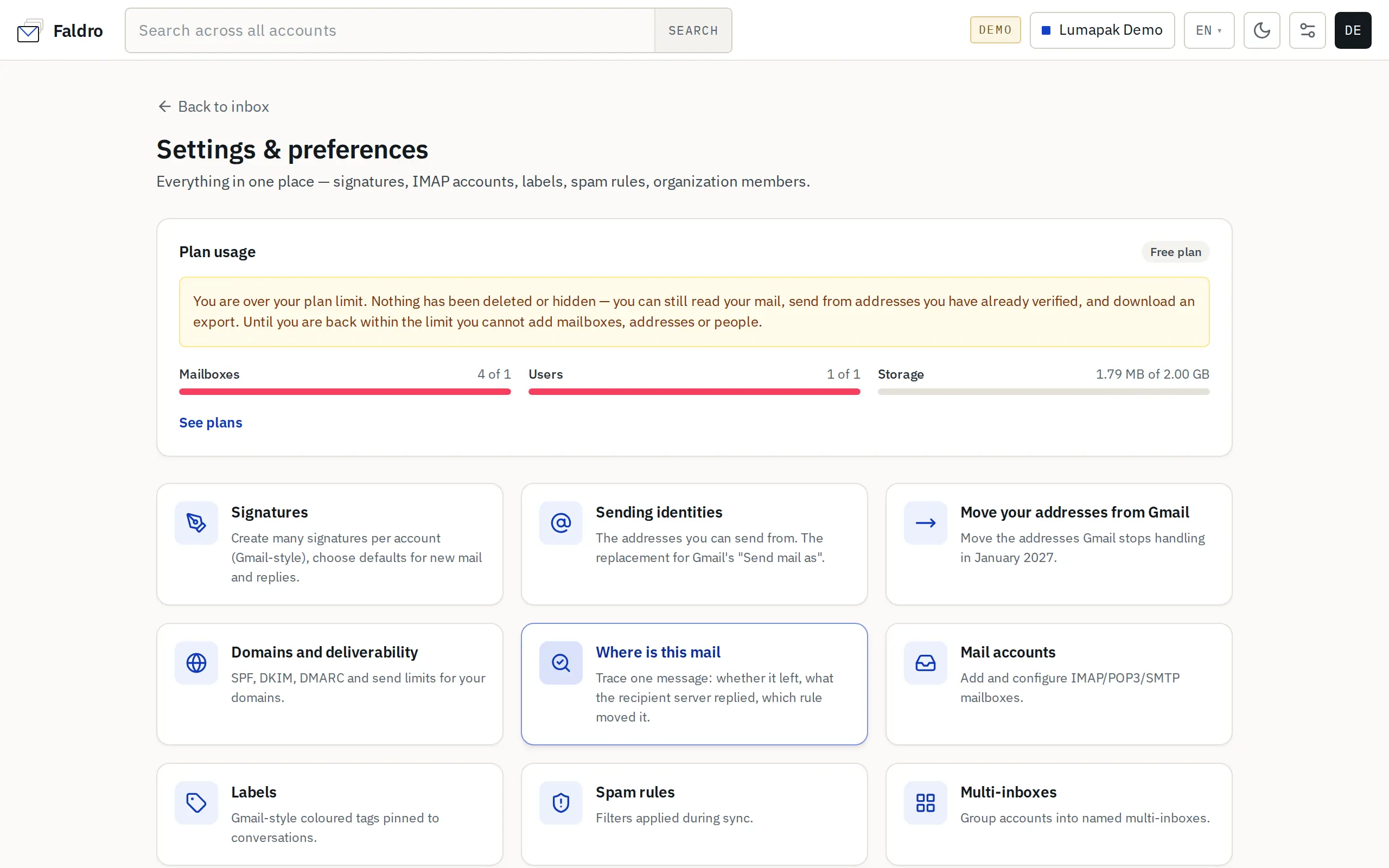 Settings &mdash; configuration tiles for the organisation