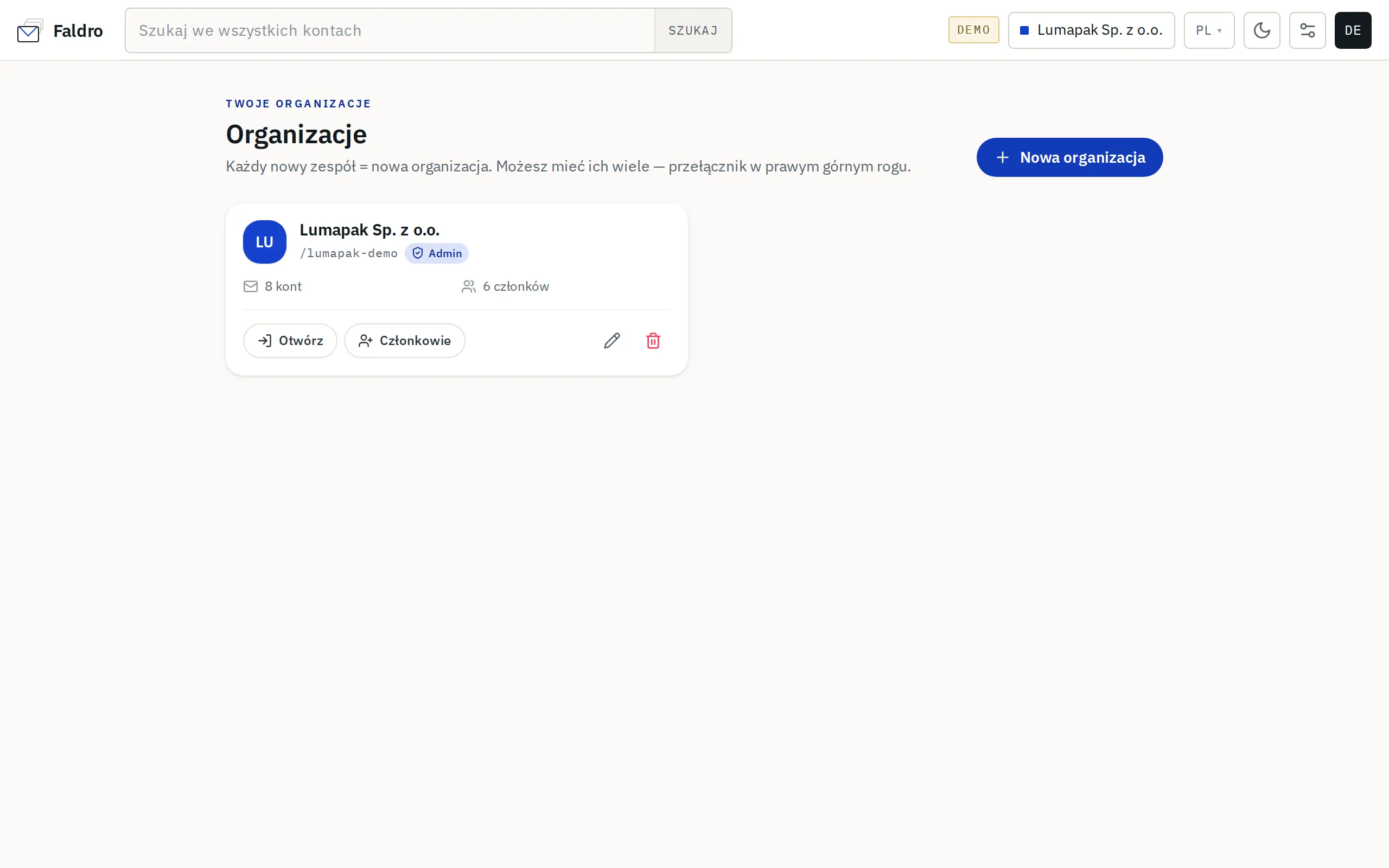 Lista organizacji z rolą, liczbą kont i członk&oacute;w