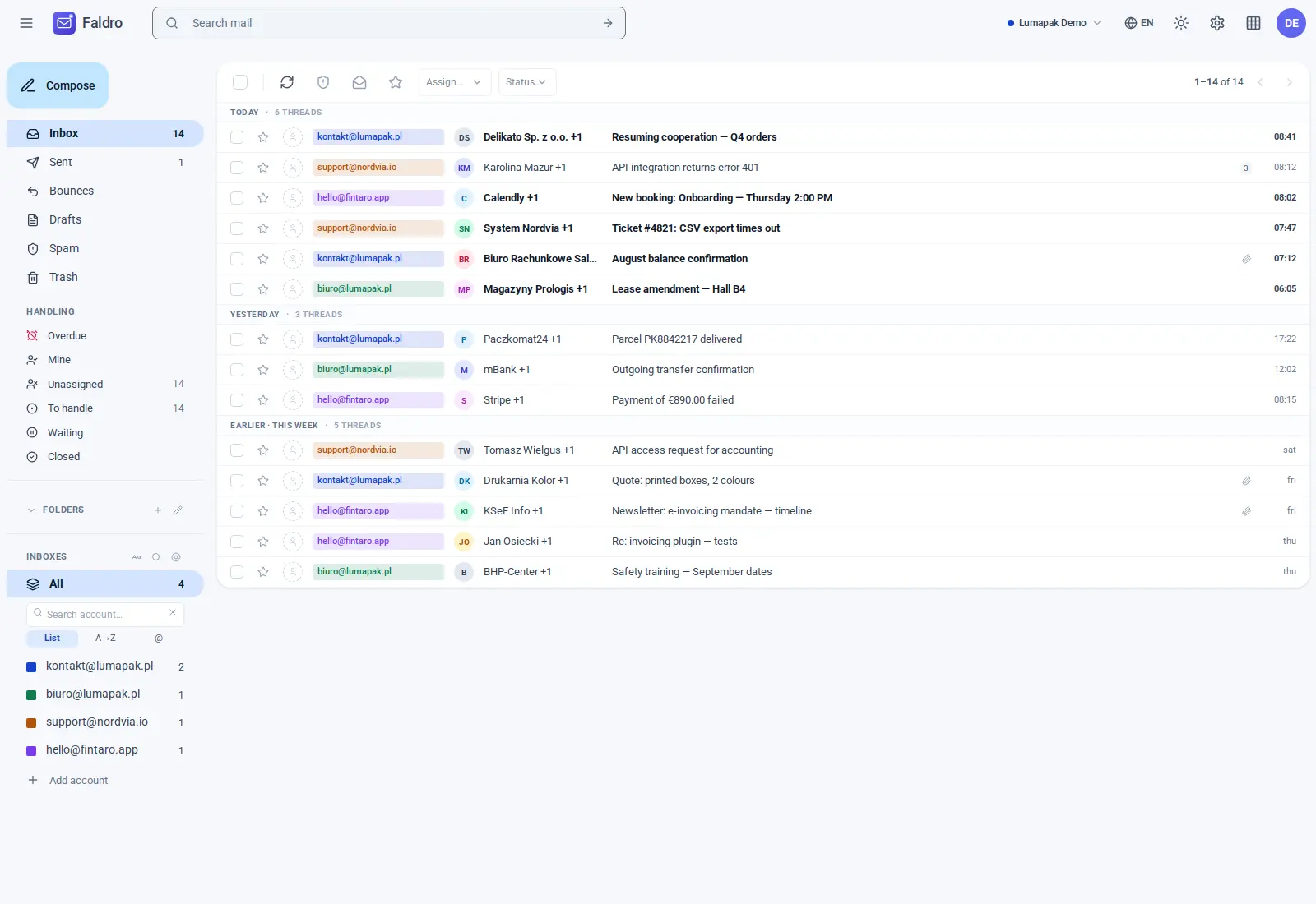 Faldro inbox — conversations from several mailboxes in one list